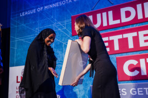 St. Louis Park Mayor Nadia Mohamed accepts her 2024 Emerging Leader Award at the 2024 LMC Annual Conference.