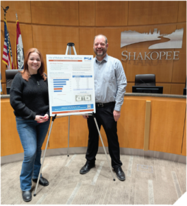 Shakopee Finance Director Nate Reinhardt and Communications Manager Amanda McKnight highlight the city’s budget board.